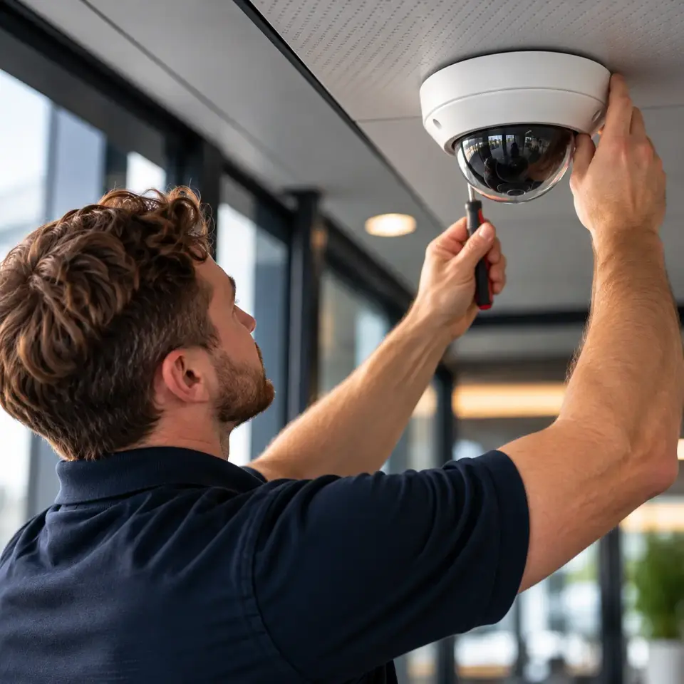 Beveiligingscamera installeren in modern kantoor