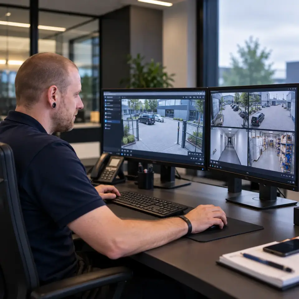 Beveiligingsoperator achter monitoren