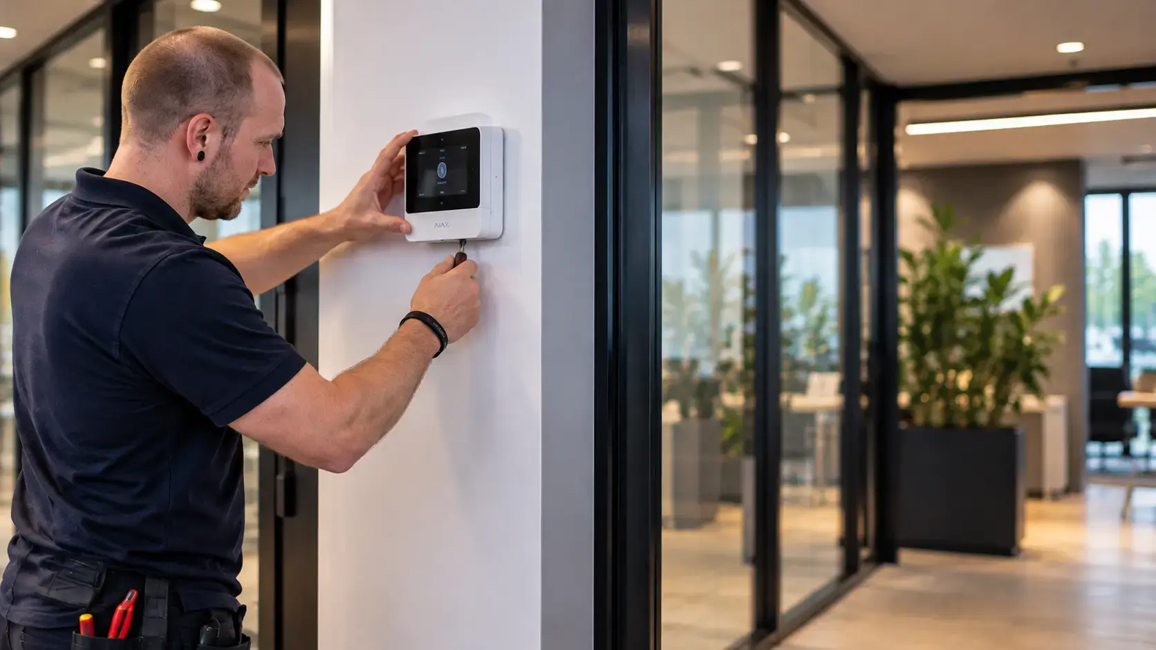 Beveiligingspaneel installeren in modern kantoor